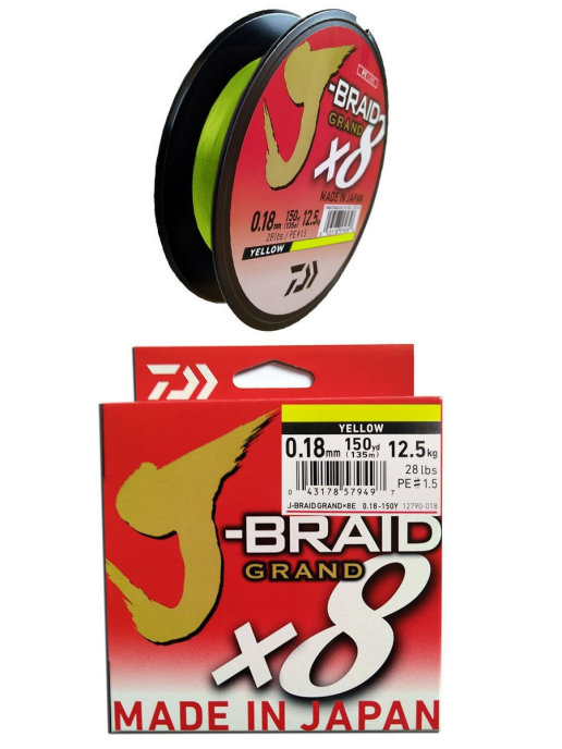 Леска плетеная "J-Braid Grand X8", 0.18мм, 135м, желтый